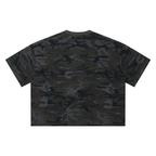 Merch in Town Camo Boxy T-Shirt in Gray Camo on a white background, back view.