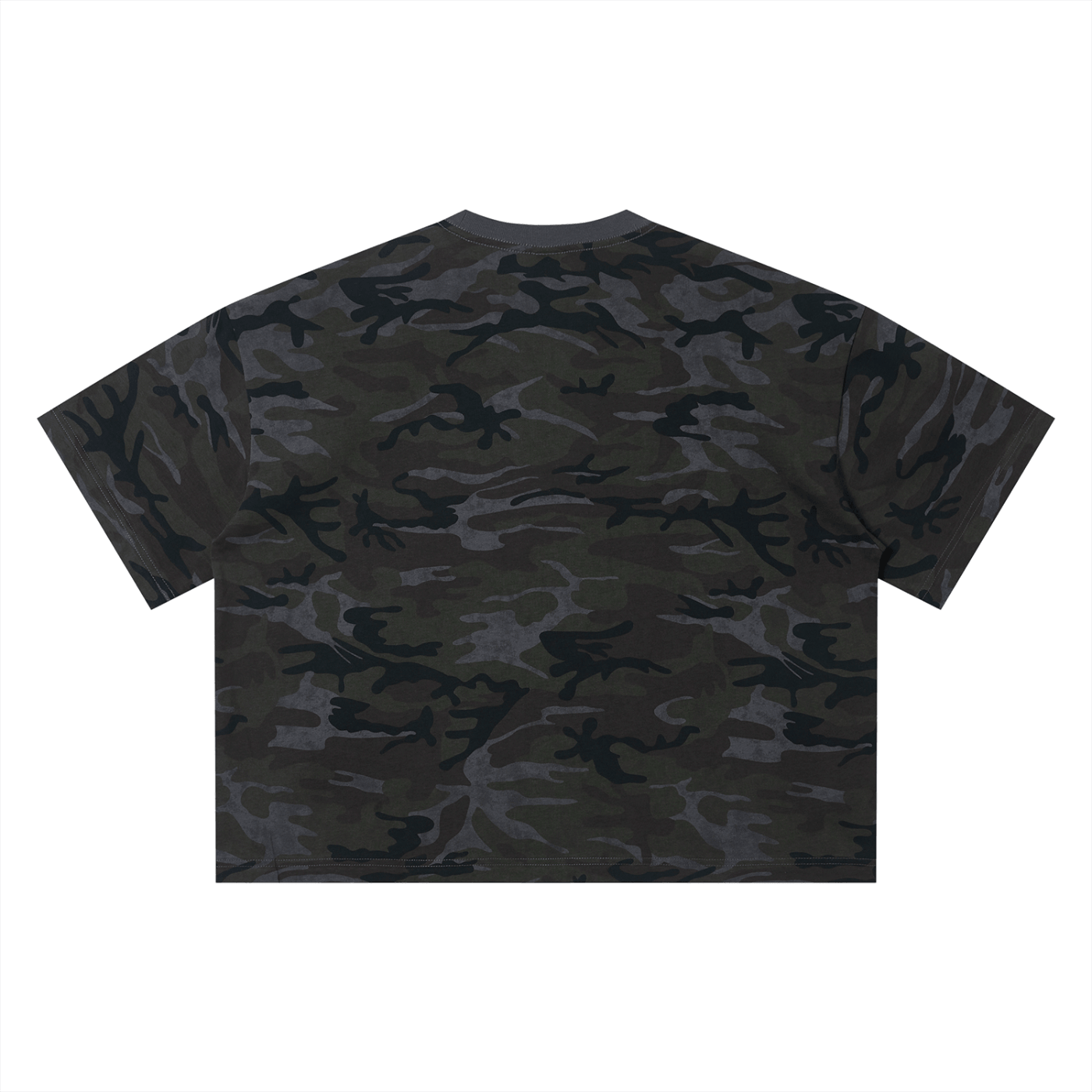 Merch in Town Camo Boxy T-Shirt in Gray Camo on a white background, back view.
