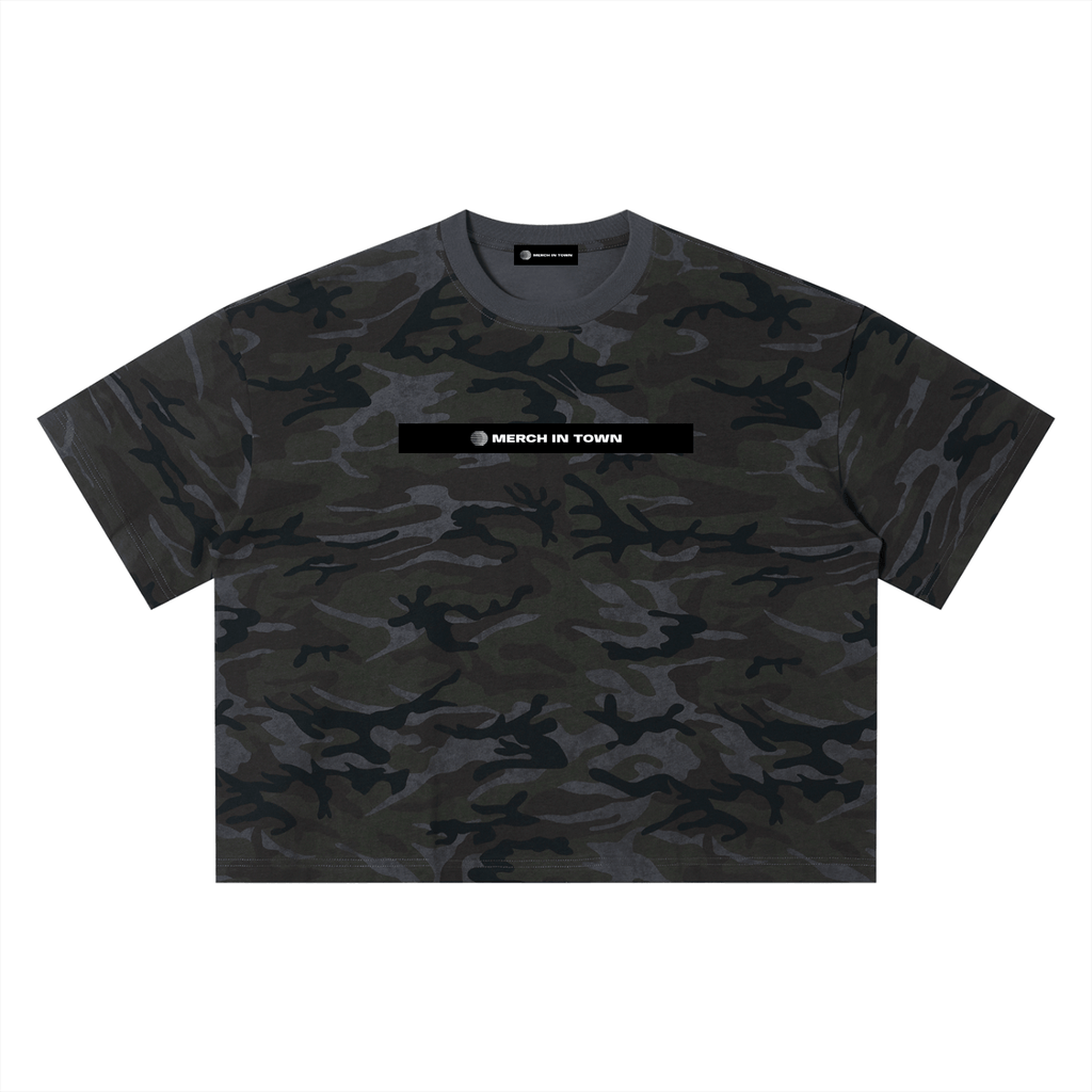 Merch in Town Camo Boxy T-Shirt in Gray Camo on a white background, front view.