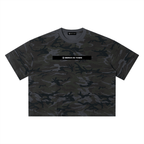 Merch in Town Camo Boxy T-Shirt in Gray Camo on a white background, front view.