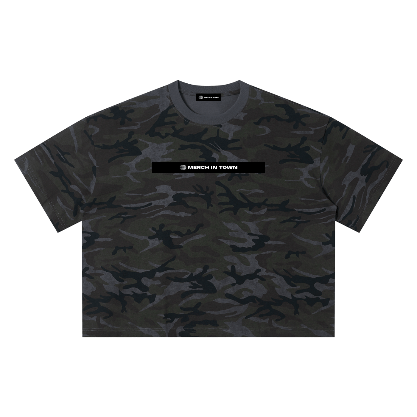 Merch in Town Camo Boxy T-Shirt in Gray Camo on a white background, front view.