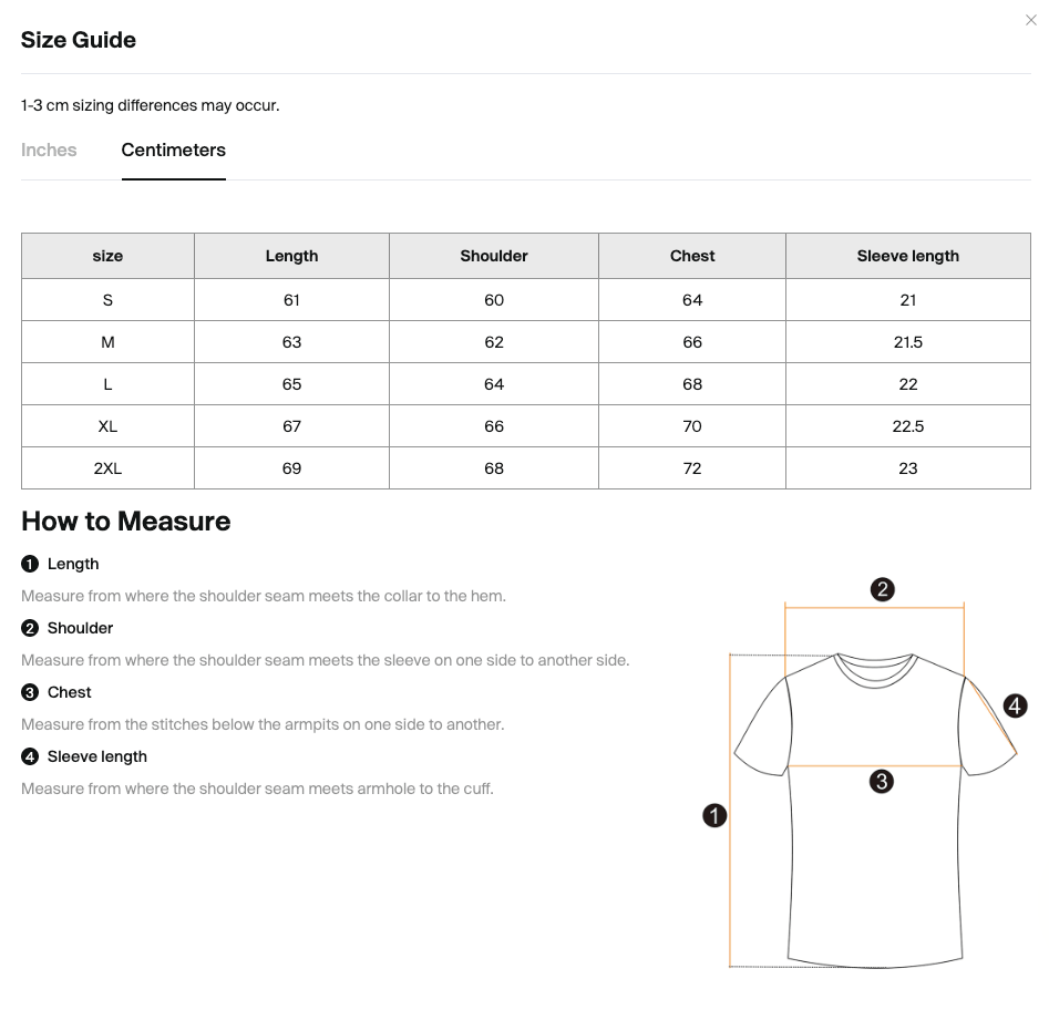 Size chart for the Merch in Town Camo Boxy T-Shirt with measurements in centimeters.