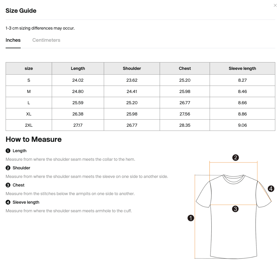 Size chart for the Merch in Town Camo Boxy T-Shirt with measurements in inches.