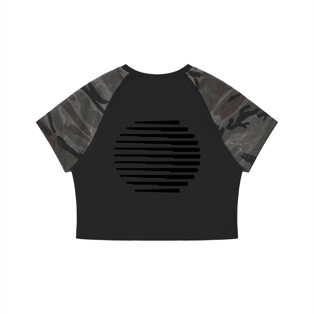 Merch in Town Women's Camo Raglan Crop T-Shirt in Black With Gray Camo on a white background, back view.