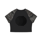 Merch in Town Women's Camo Raglan Crop T-Shirt in Black With Gray Camo on a white background, back view.