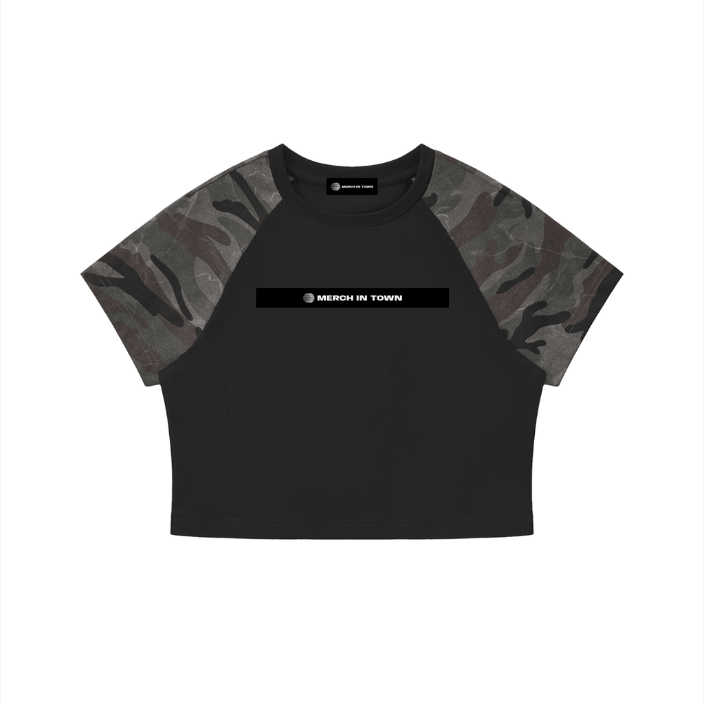 Merch in Town Women's Camo Raglan Crop T-Shirt in Black With Gray Camo on a white background, front view.