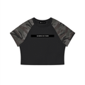 Merch in Town Women's Camo Raglan Crop T-Shirt in Black With Gray Camo on a white background, front view.