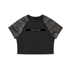 Merch in Town Women's Camo Raglan Crop T-Shirt in Black With Gray Camo on a white background, front view.