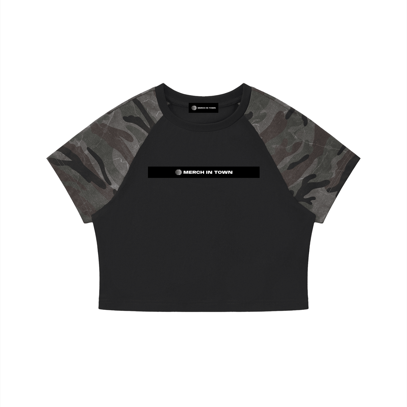 Merch in Town Women's Camo Raglan Crop T-Shirt in Black With Gray Camo on a white background, front view.