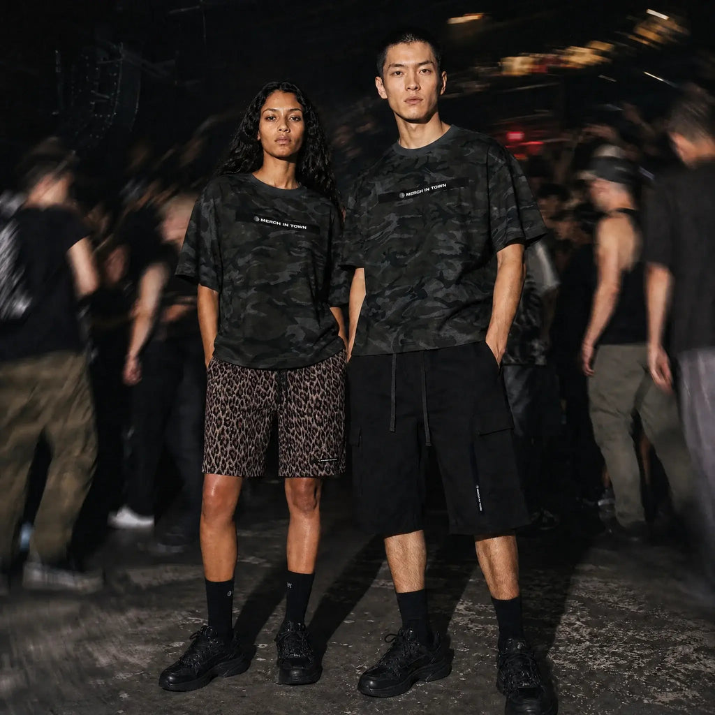 Merch in Town Camo Boxy T-Shirt in Gray Camo, two-model lifestyle shot