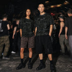 Merch in Town Camo Boxy T-Shirt in Gray Camo, two-model lifestyle shot