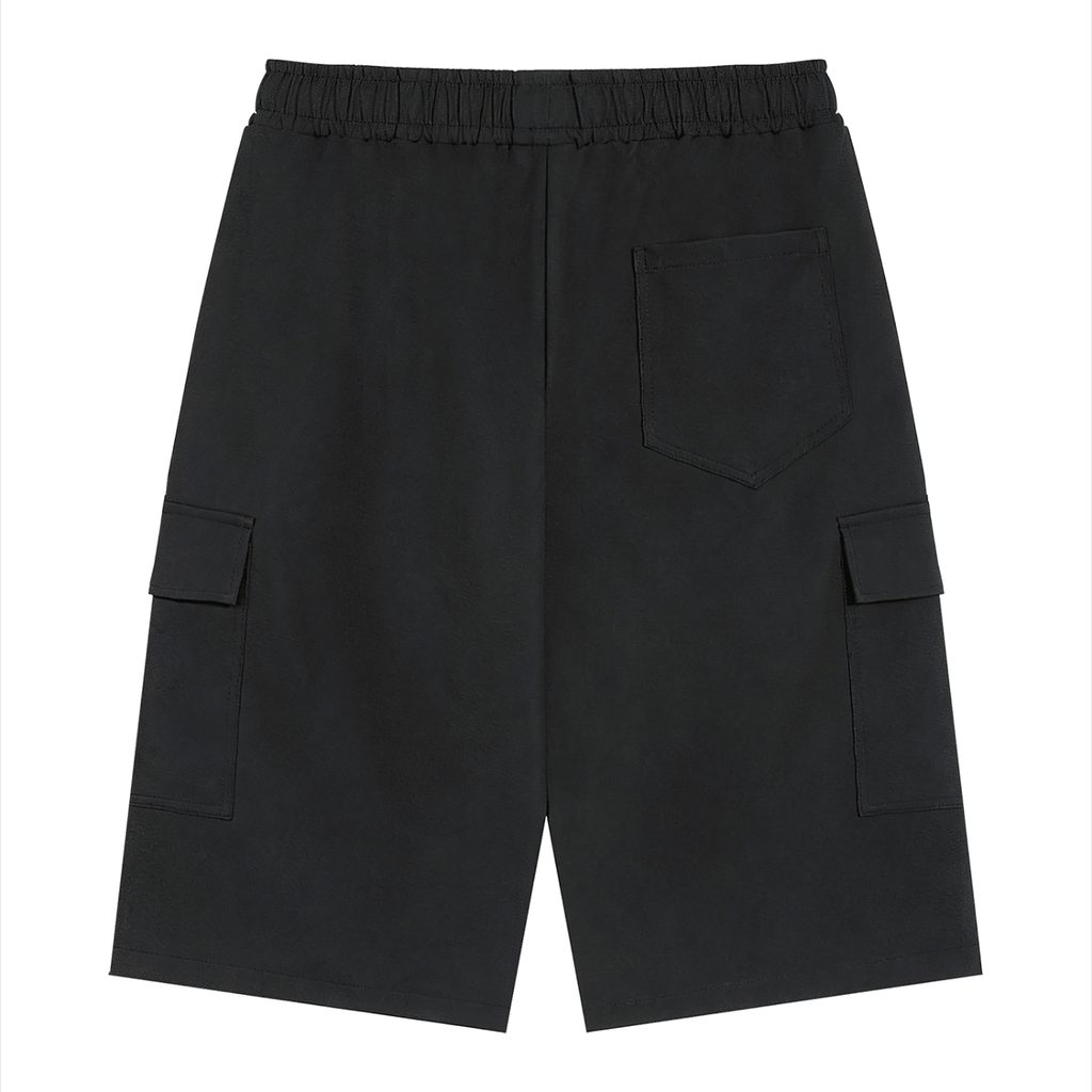 Merch in Town Drawstring Cargo Shorts in Black on a white background, back view.
