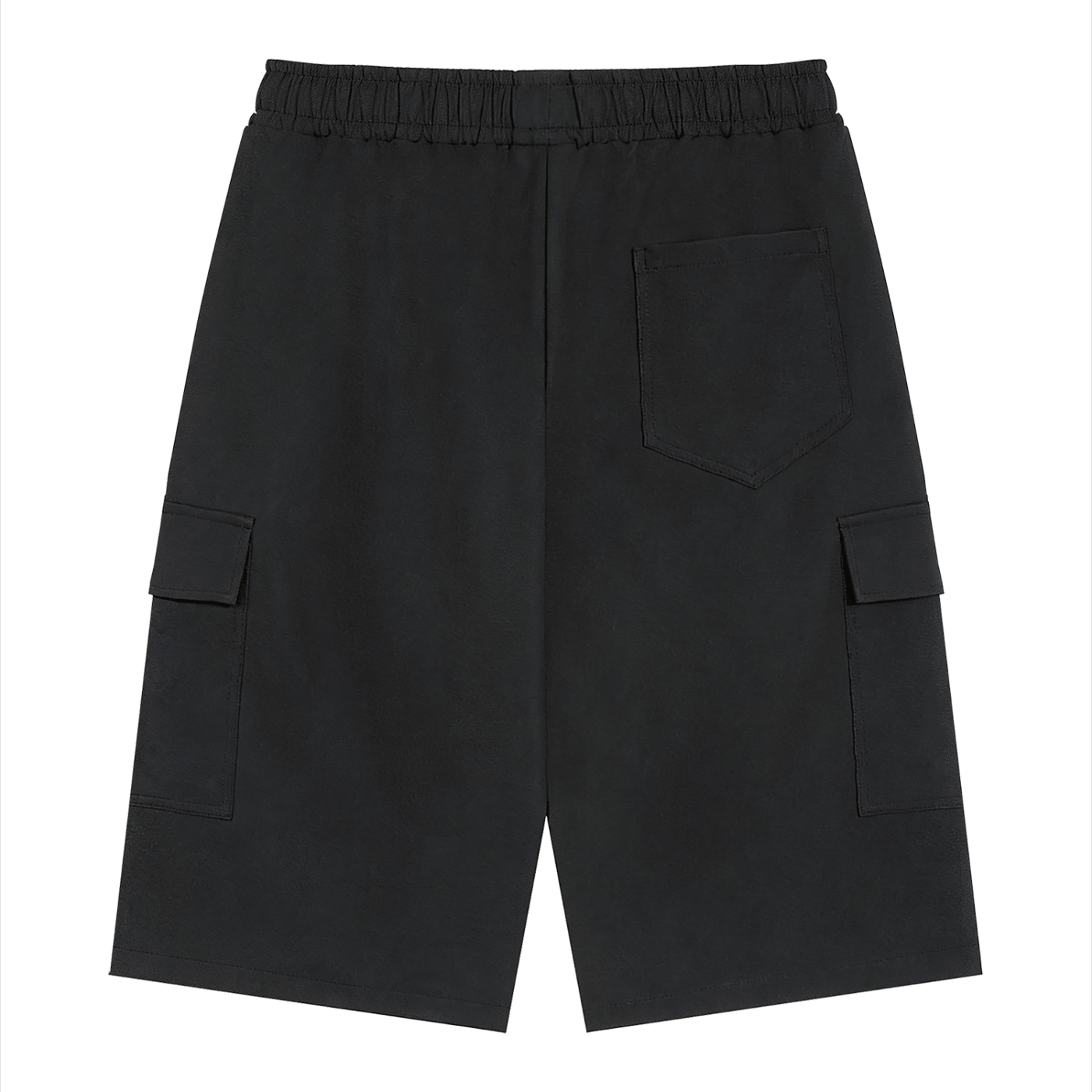 Merch in Town Drawstring Cargo Shorts in Black on a white background, back view.