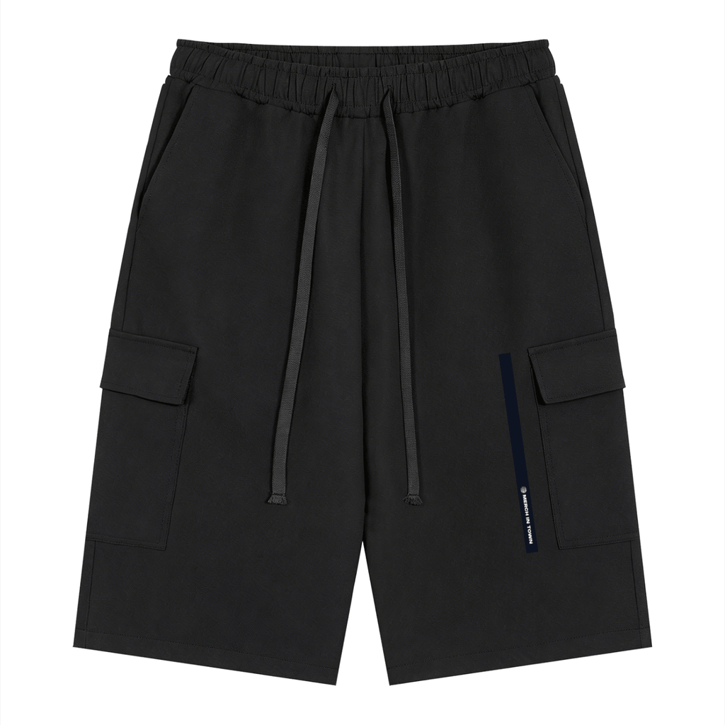 Merch in Town Drawstring Cargo Shorts in Black on a white background, front view.