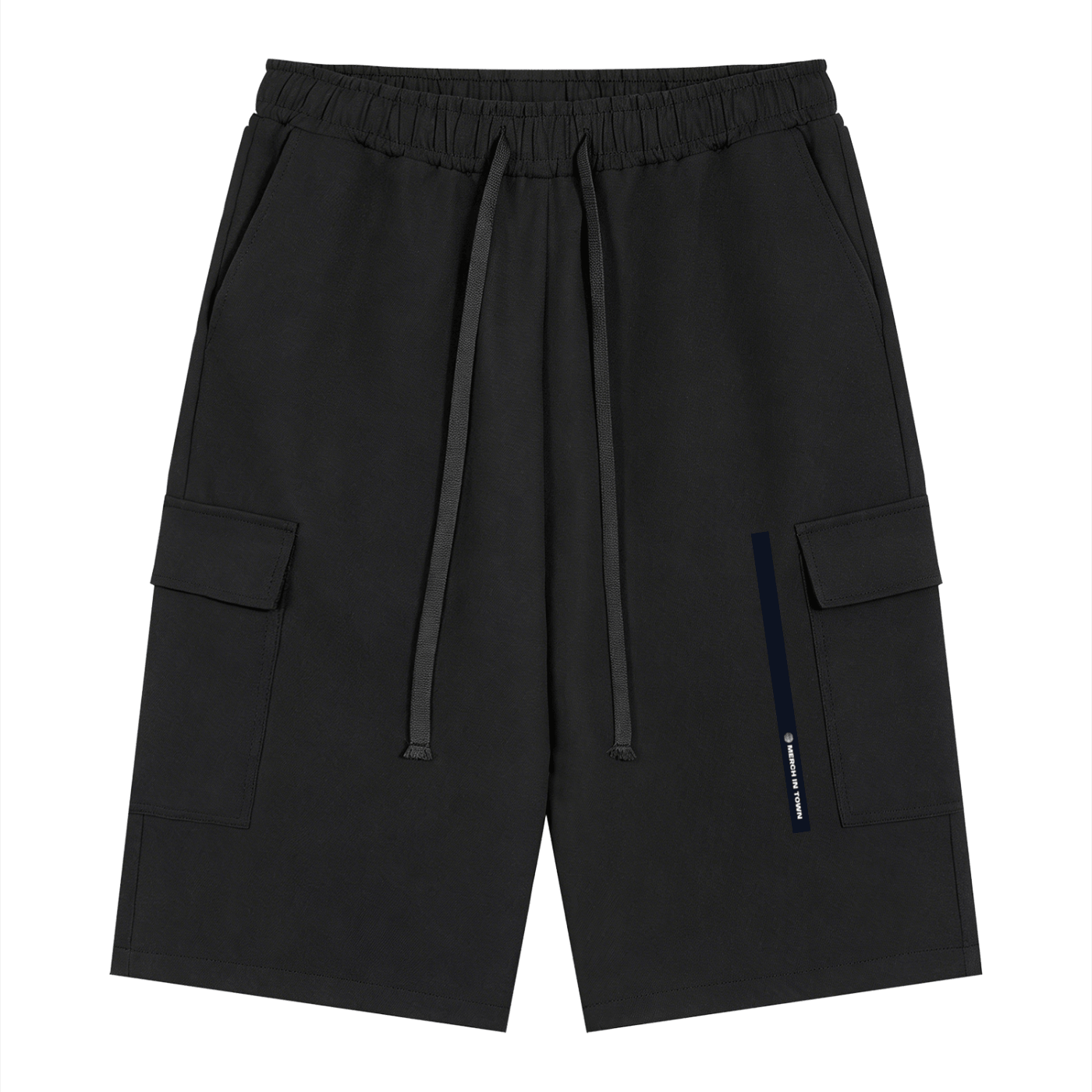 Merch in Town Drawstring Cargo Shorts in Black on a white background, front view.
