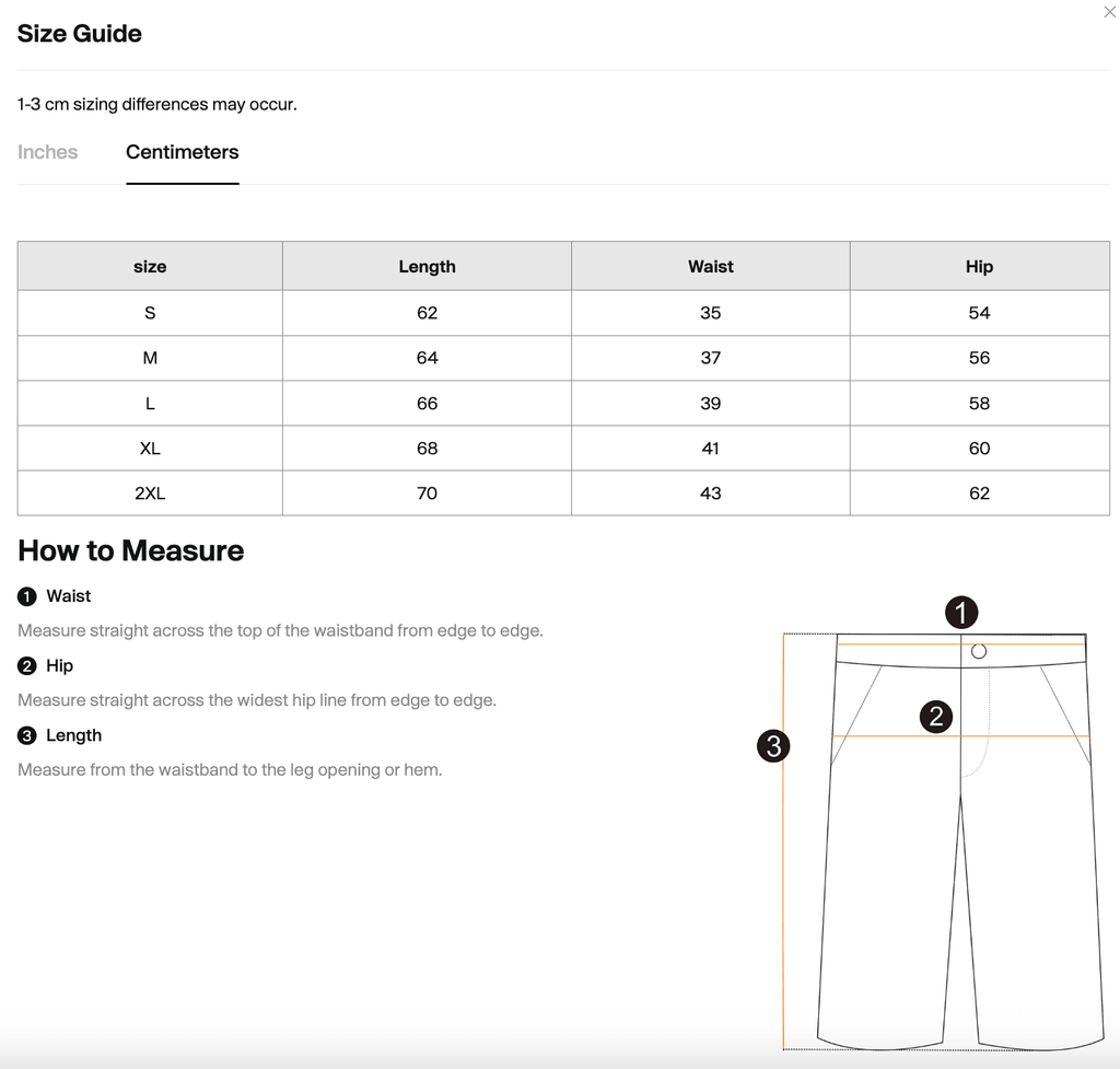 Size chart for the Merch in Town Drawstring Cargo Shorts with measurements in centimeters.