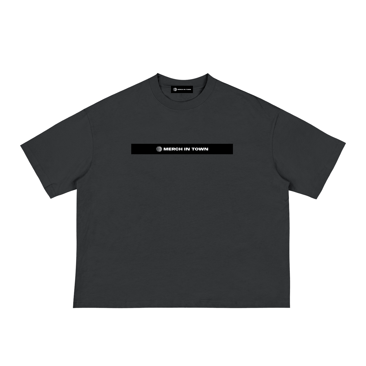 Merch in Town Classic Loose Boxy Tee in Black on a white background, front view.