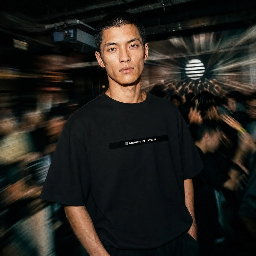 Merch in Town Classic Loose Boxy Tee in Black, front lifestyle shot