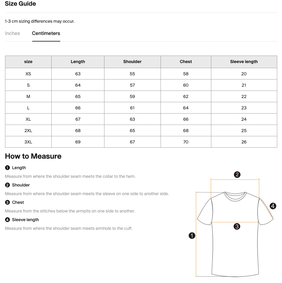 Size chart for the Merch in Town Classic Loose Boxy Tee with measurements in centimeters.