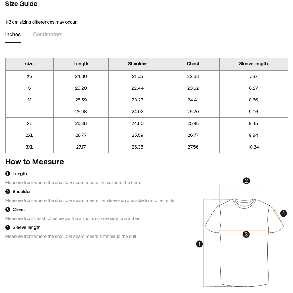 Size chart for the Merch in Town Classic Loose Boxy Tee with measurements in inches.