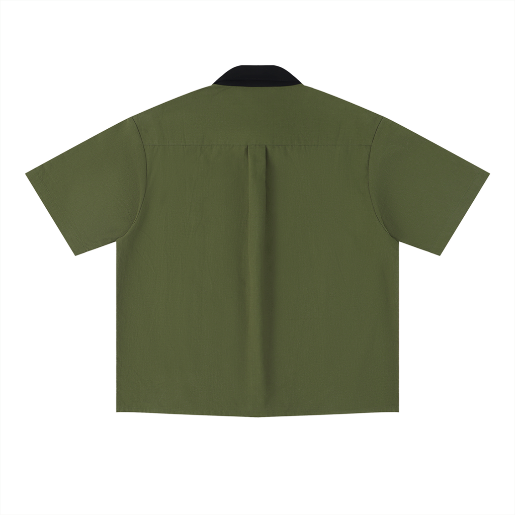 Merch in Town Color Block Short Sleeve Shirt in Army Green on a white background, back view.