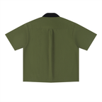 Merch in Town Color Block Short Sleeve Shirt in Army Green on a white background, back view.