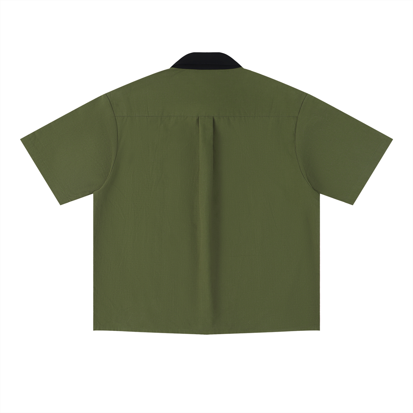 Merch in Town Color Block Short Sleeve Shirt in Army Green on a white background, back view.
