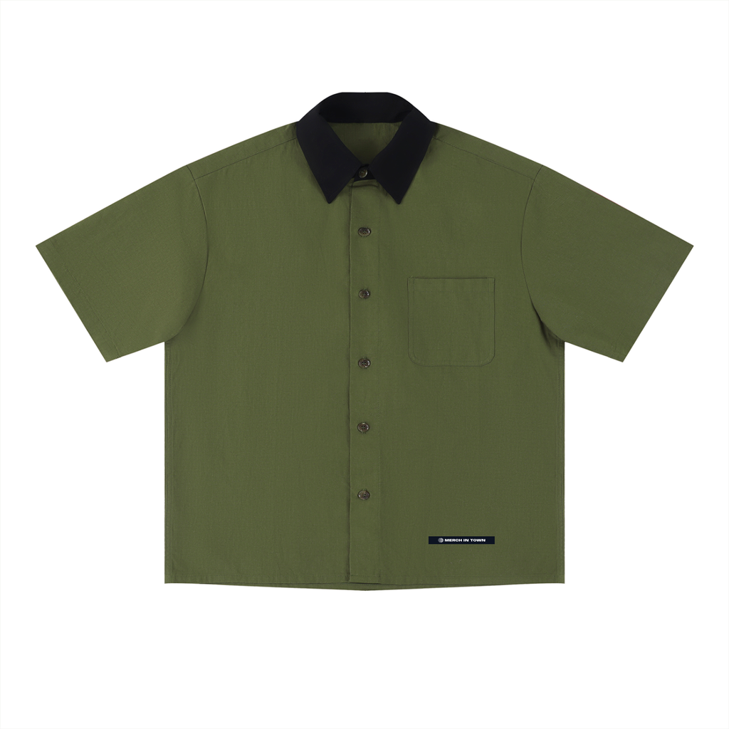 Merch in Town Color Block Short Sleeve Shirt in Army Green on a white background, front view.