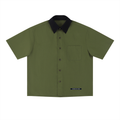 Merch in Town Color Block Short Sleeve Shirt in Army Green on a white background, front view.
