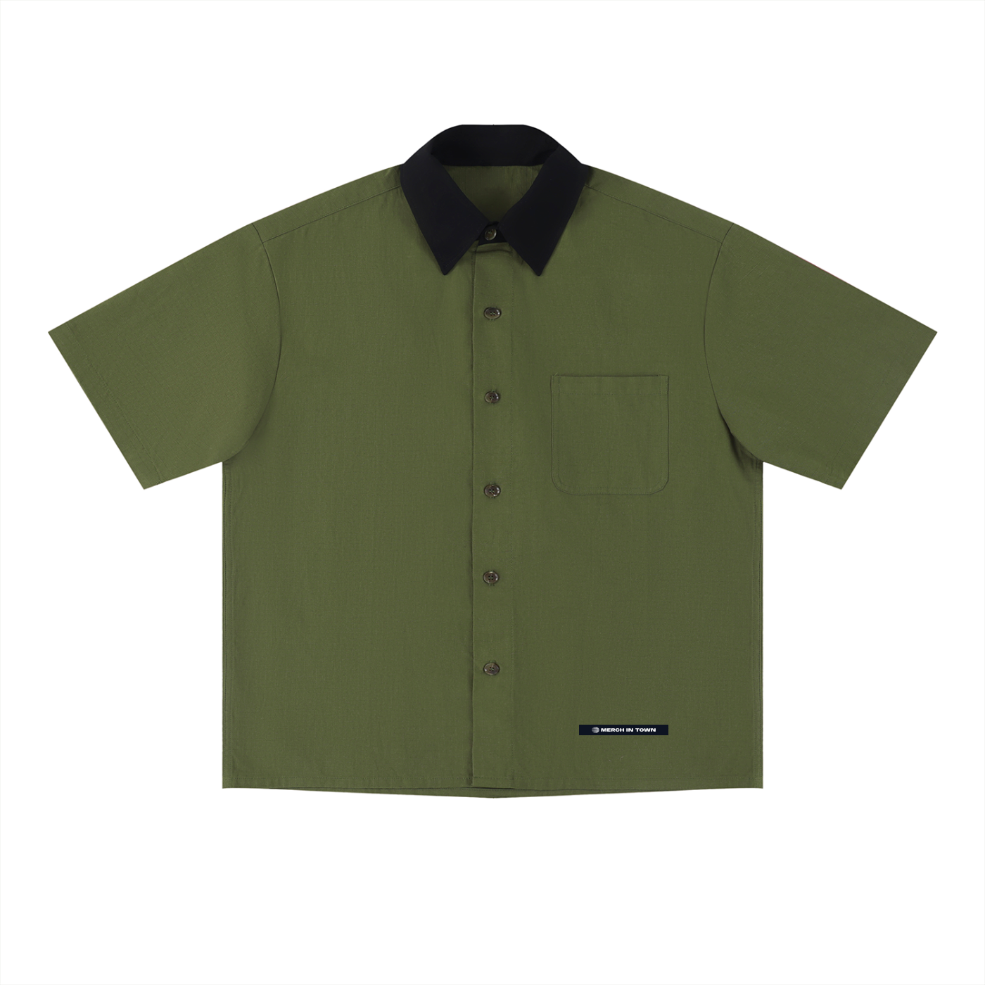 Merch in Town Color Block Short Sleeve Shirt in Army Green on a white background, front view.