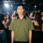 Merch in Town Color Block Short Sleeve Shirt in Army Green, front lifestyle shot