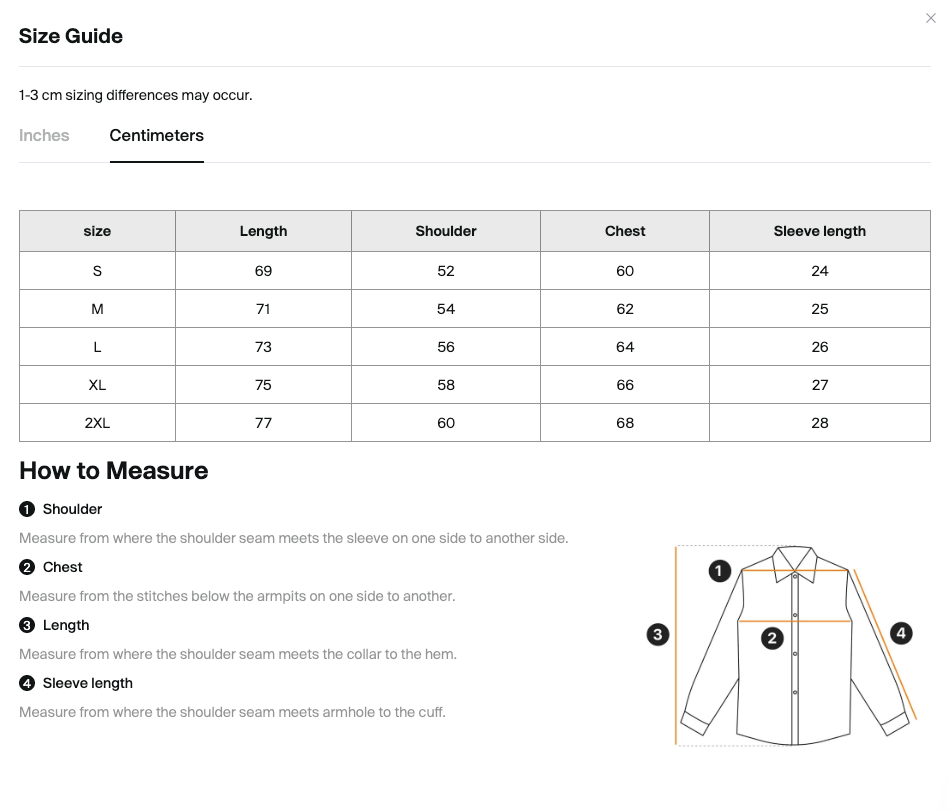 Size chart for the Merch in Town Color Block Short Sleeve Shirt with measurements in centimeters.
