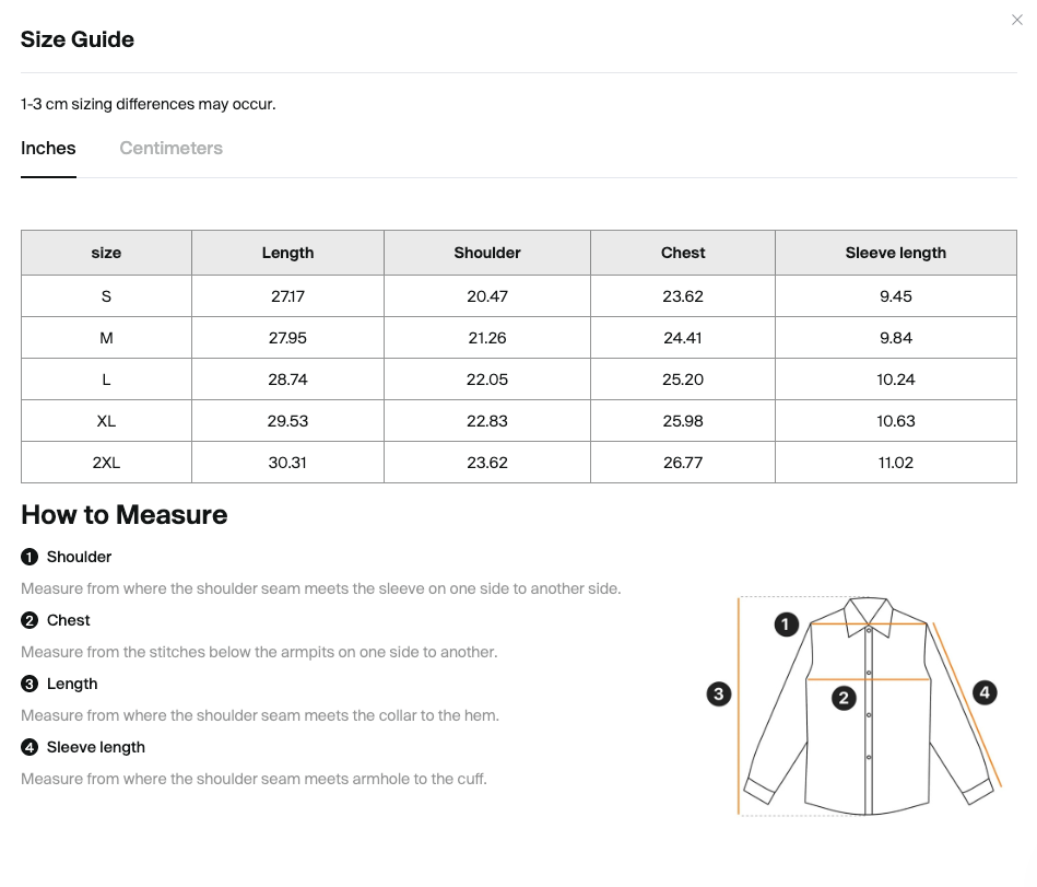 Size chart for the Merch in Town Color Block Short Sleeve Shirt with measurements in inches.