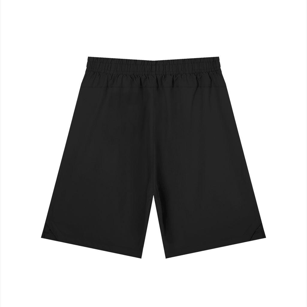 Merch in Town Men's Solid Elastic Waist Shorts in Black on a white background, back view.