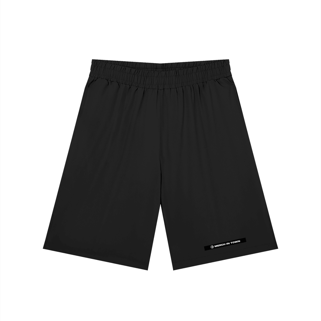 Merch in Town Men's Solid Elastic Waist Shorts in Black on a white background, front view.