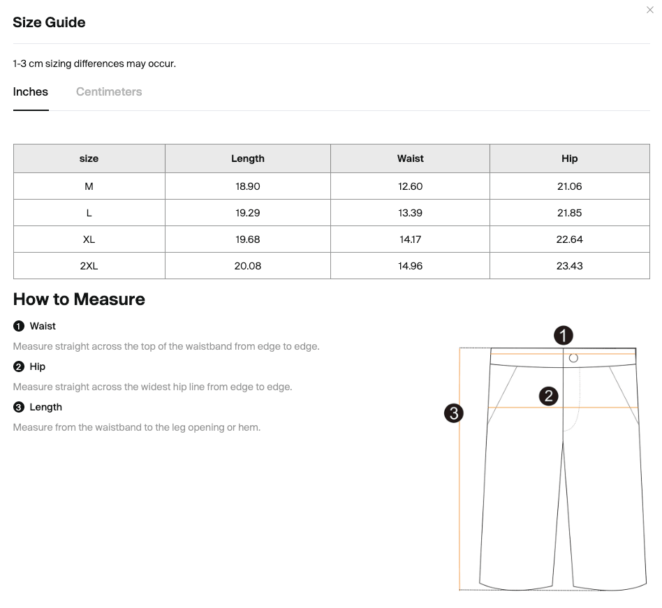 Size chart for the Merch in Town Men's Solid Elastic Waist Shorts with measurements in inches.