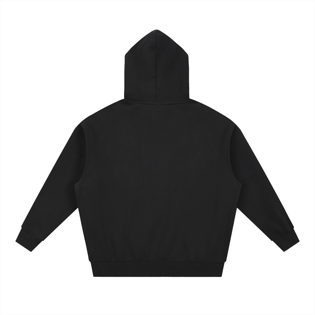 Merch in Town Essential Oversized Boxy Fit Fleece Hoodie in Black on a white background, back view.