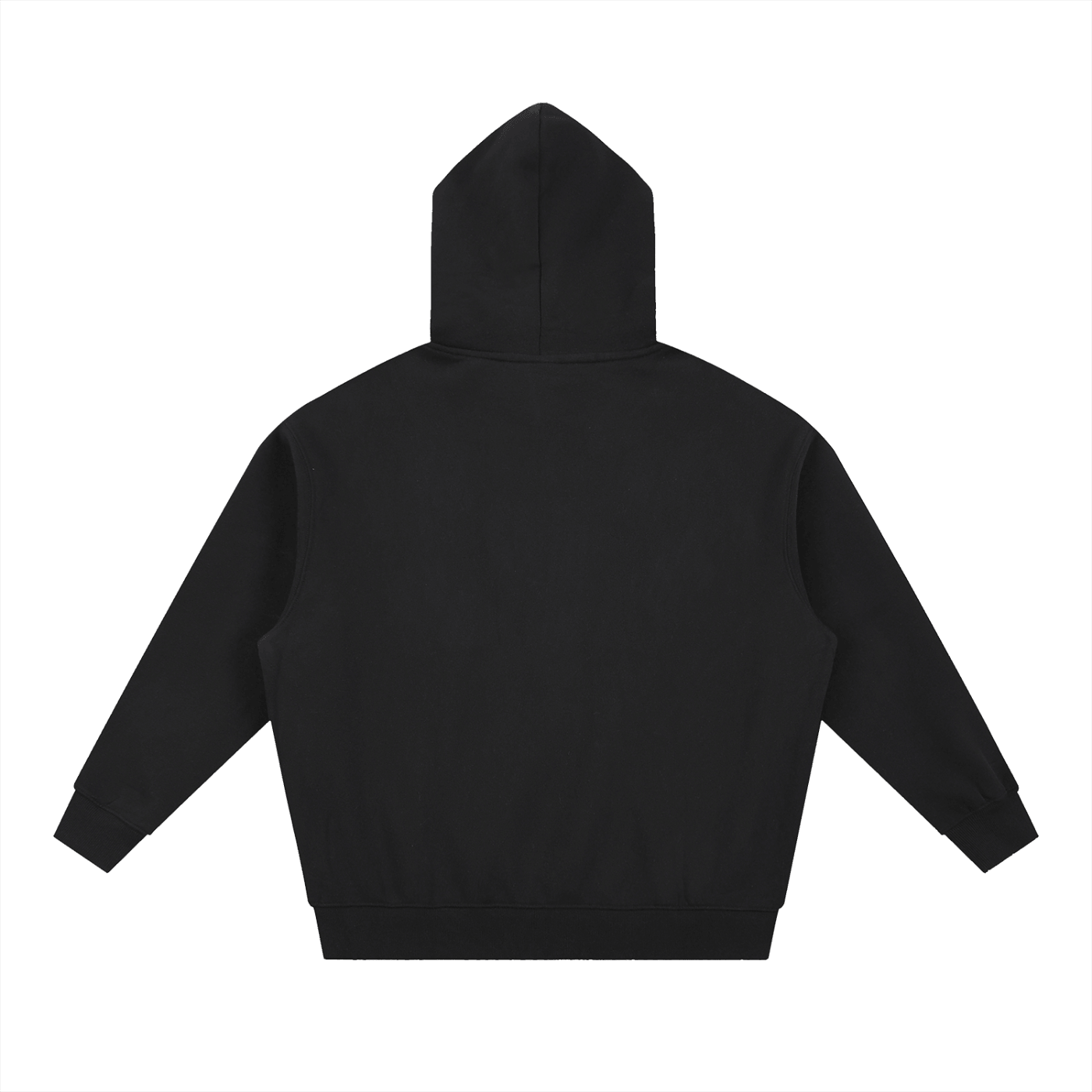 Merch in Town Essential Oversized Boxy Fit Fleece Hoodie in Black on a white background, back view.