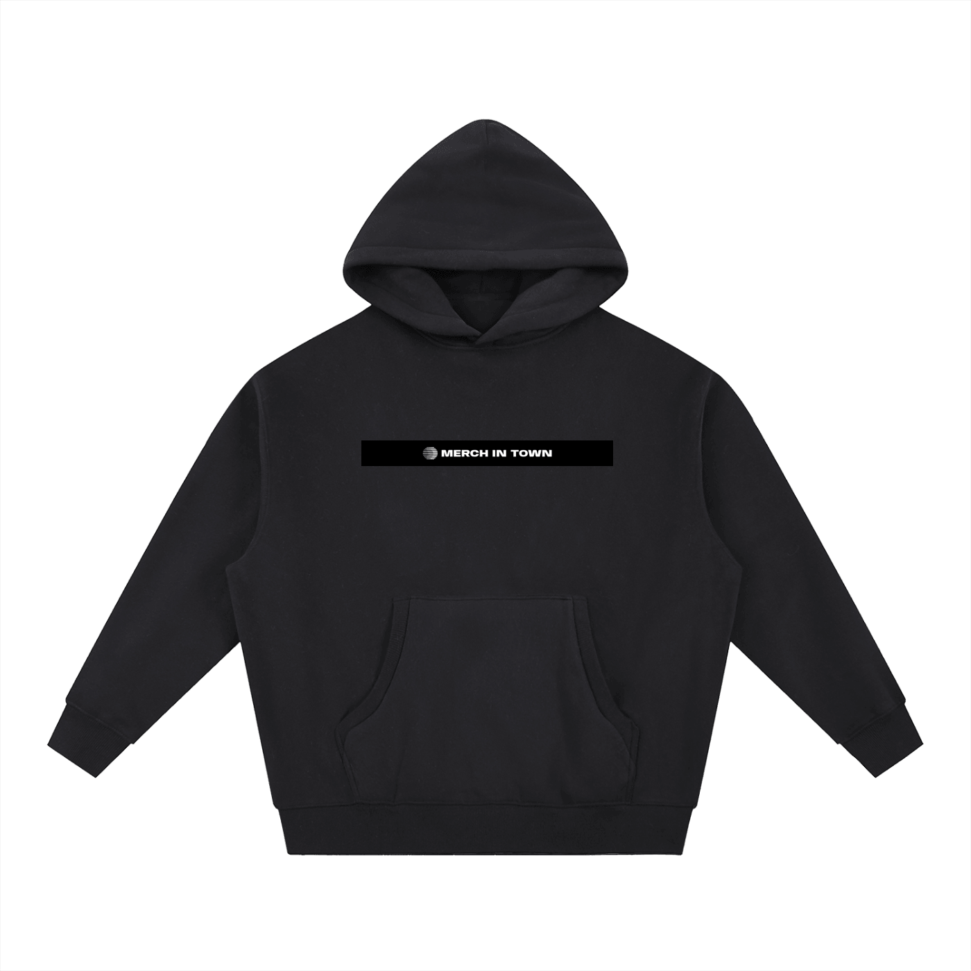 Merch in Town Essential Oversized Boxy Fit Fleece Hoodie in Black on a white background, front view.