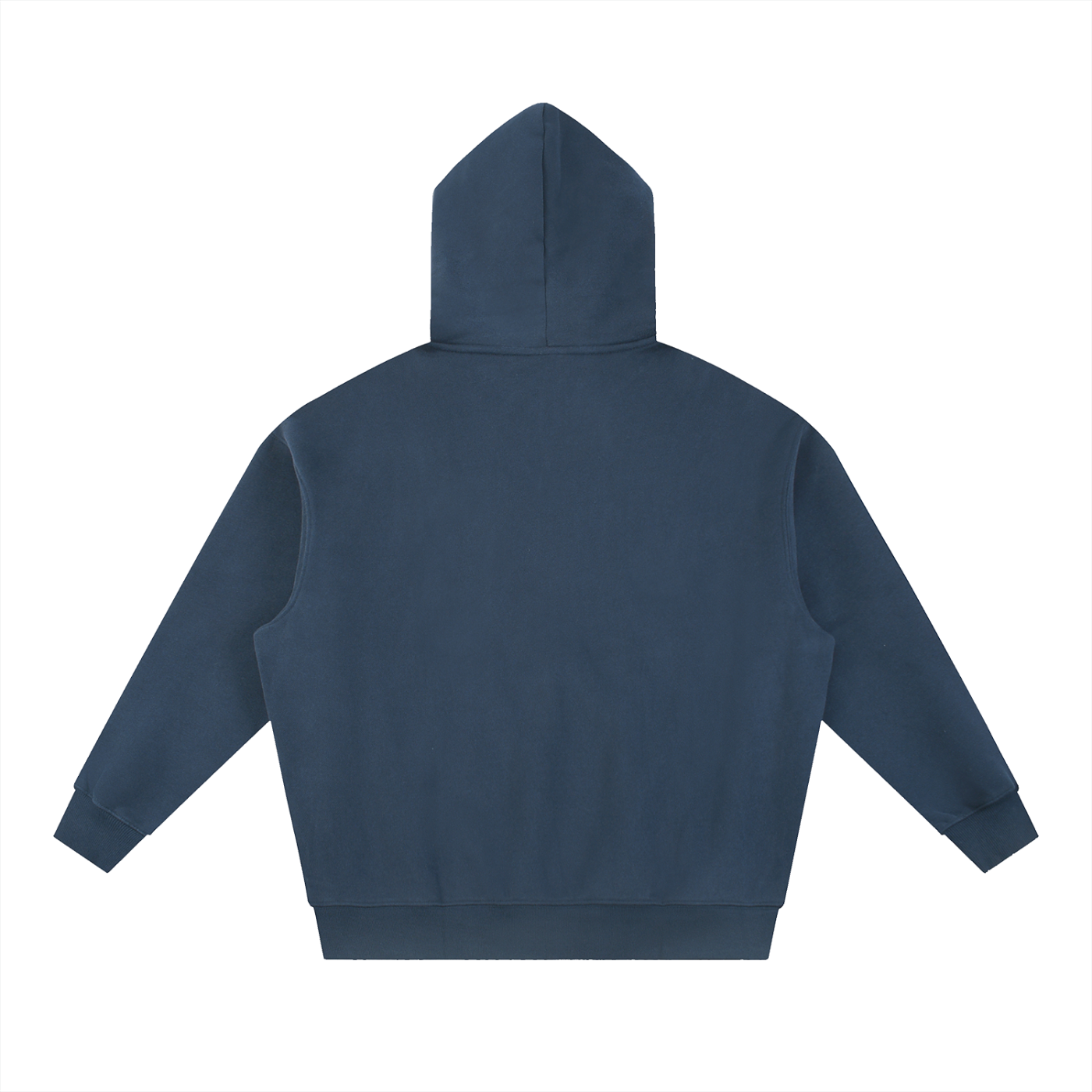 Merch in Town Essential Oversized Boxy Fit Fleece Hoodie in Navy Blue on a white background, back view.