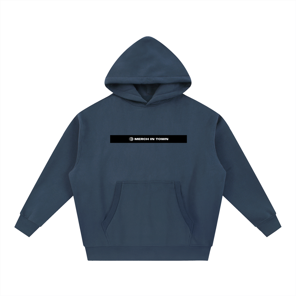 Merch in Town Essential Oversized Boxy Fit Fleece Hoodie in Navy Blue on a white background, front view.