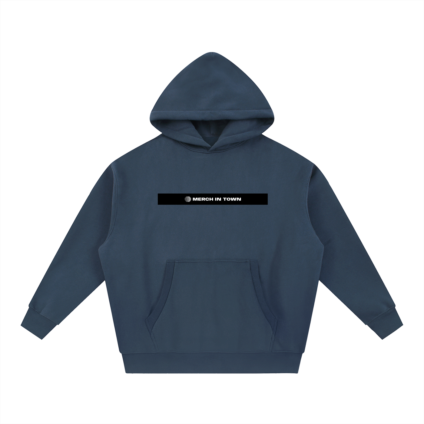 Merch in Town Essential Oversized Boxy Fit Fleece Hoodie in Navy Blue on a white background, front view.