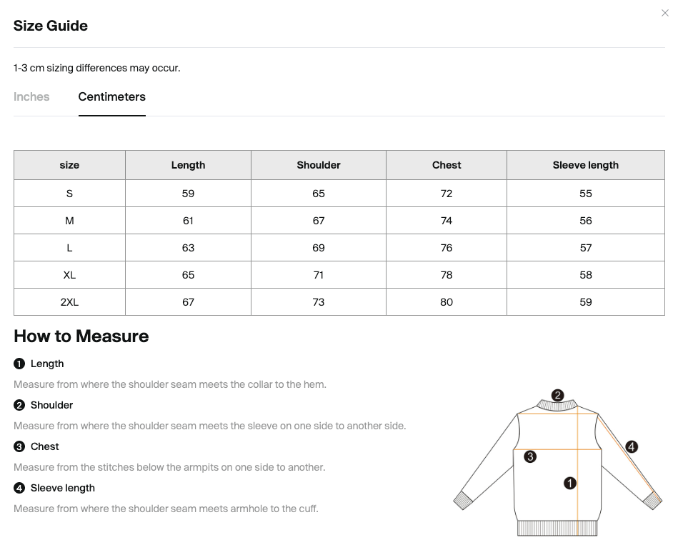 Size chart for the Merch in Town Essential Oversized Boxy Fit Fleece Hoodie with measurements in centimeters.