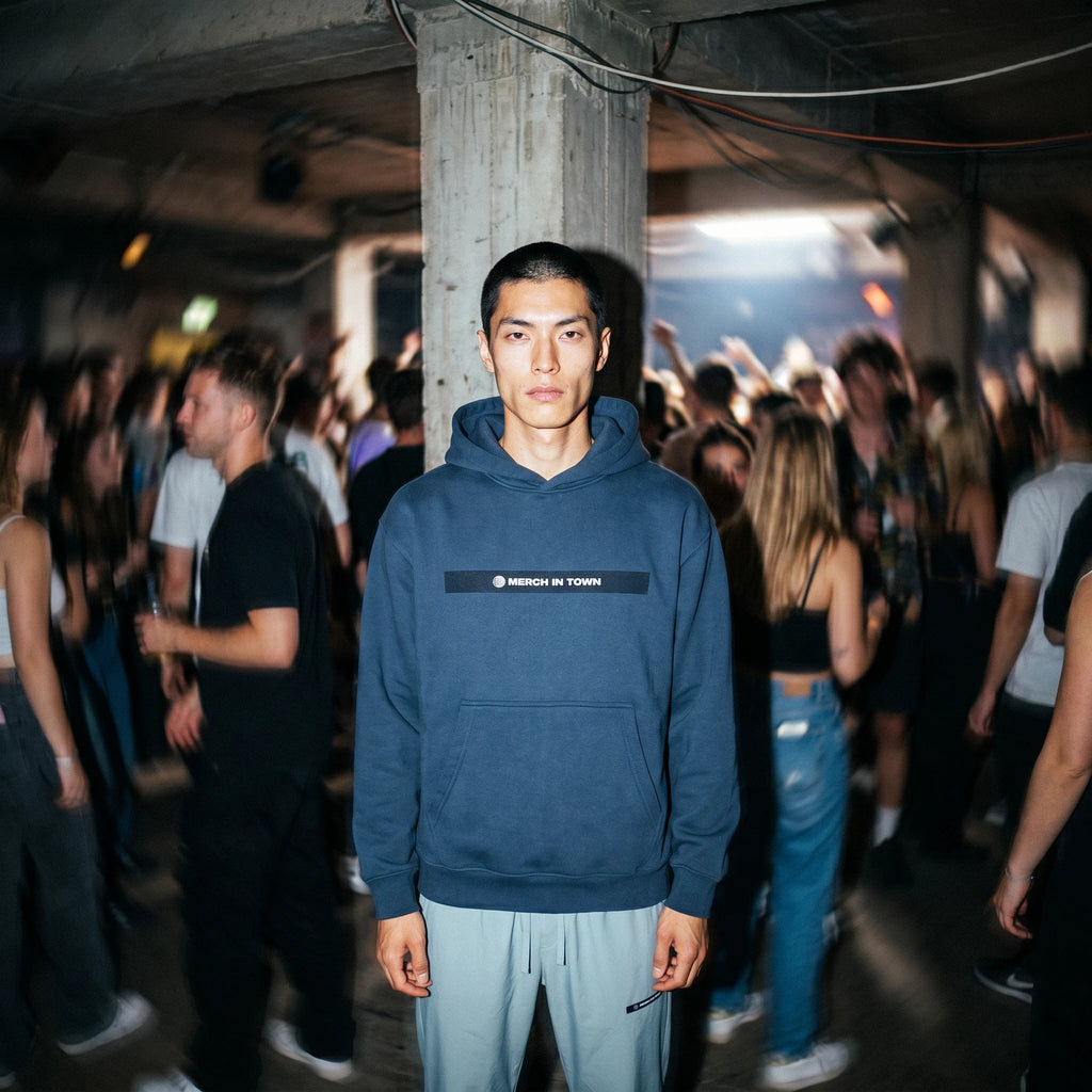 Merch in Town Essential Oversized Boxy Fit Fleece Hoodie in Navy Blue, front lifestyle shot