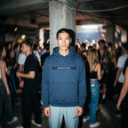 Merch in Town Essential Oversized Boxy Fit Fleece Hoodie in Navy Blue, front lifestyle shot