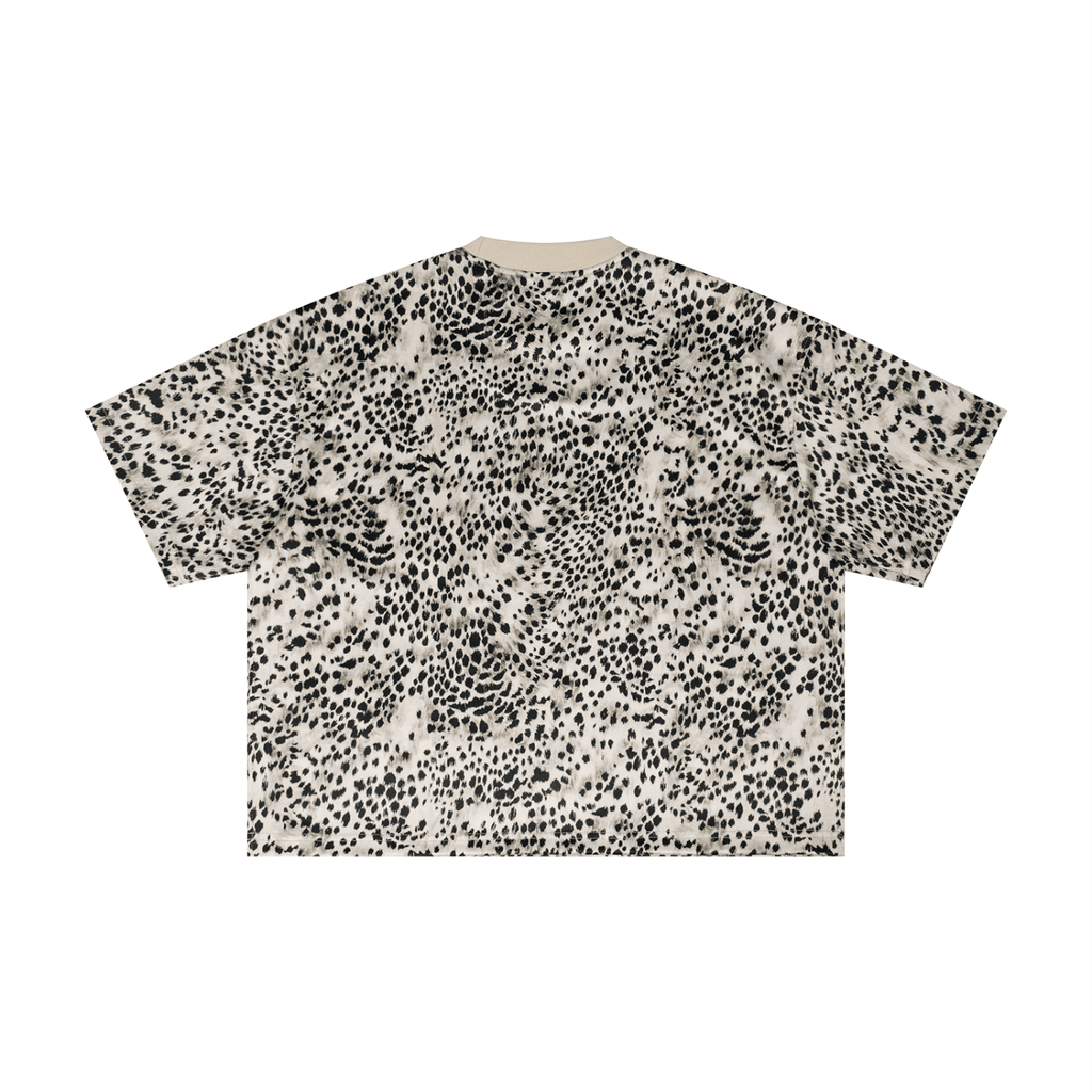 Merch in Town Leopard Print Boxy T-Shirt with Contrasting Collar in Leopard Apricot on a white background, back view.