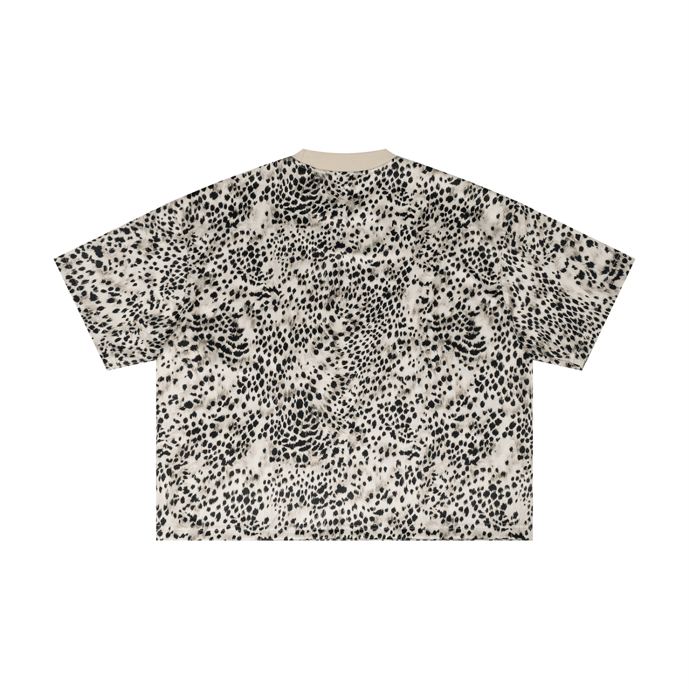 Merch in Town Leopard Print Boxy T-Shirt with Contrasting Collar in Leopard Apricot on a white background, back view.