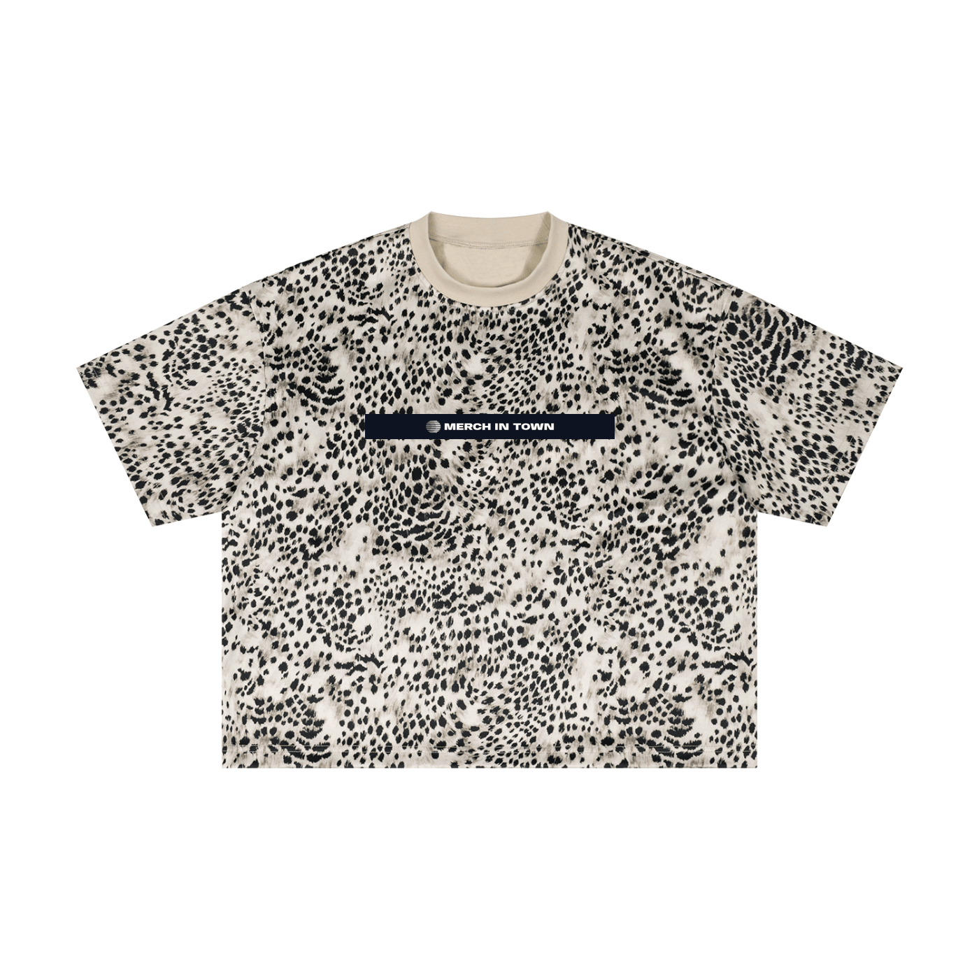 Merch in Town Leopard Print Boxy T-Shirt with Contrasting Collar in Leopard Apricot on a white background, front view.