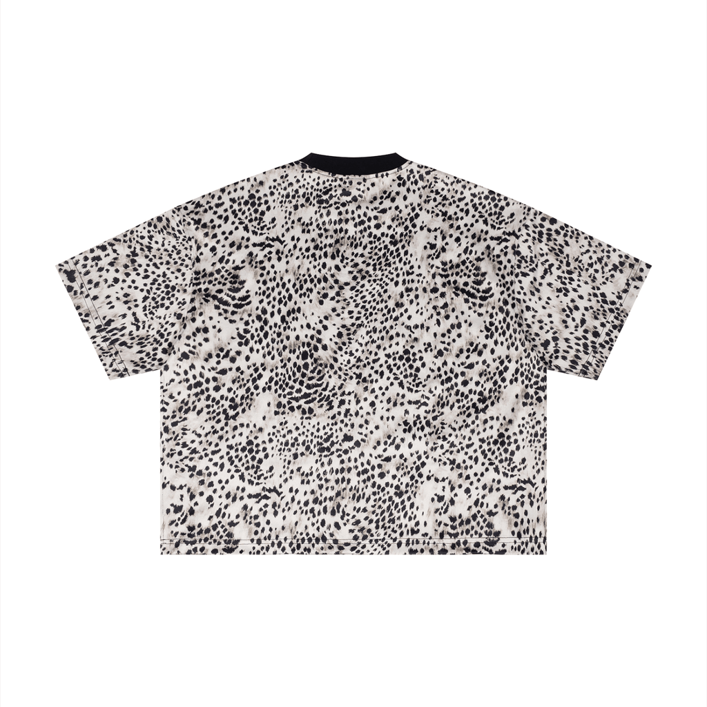 Merch in Town Leopard Print Boxy T-Shirt with Contrasting Collar in Leopard Black on a white background, back view.