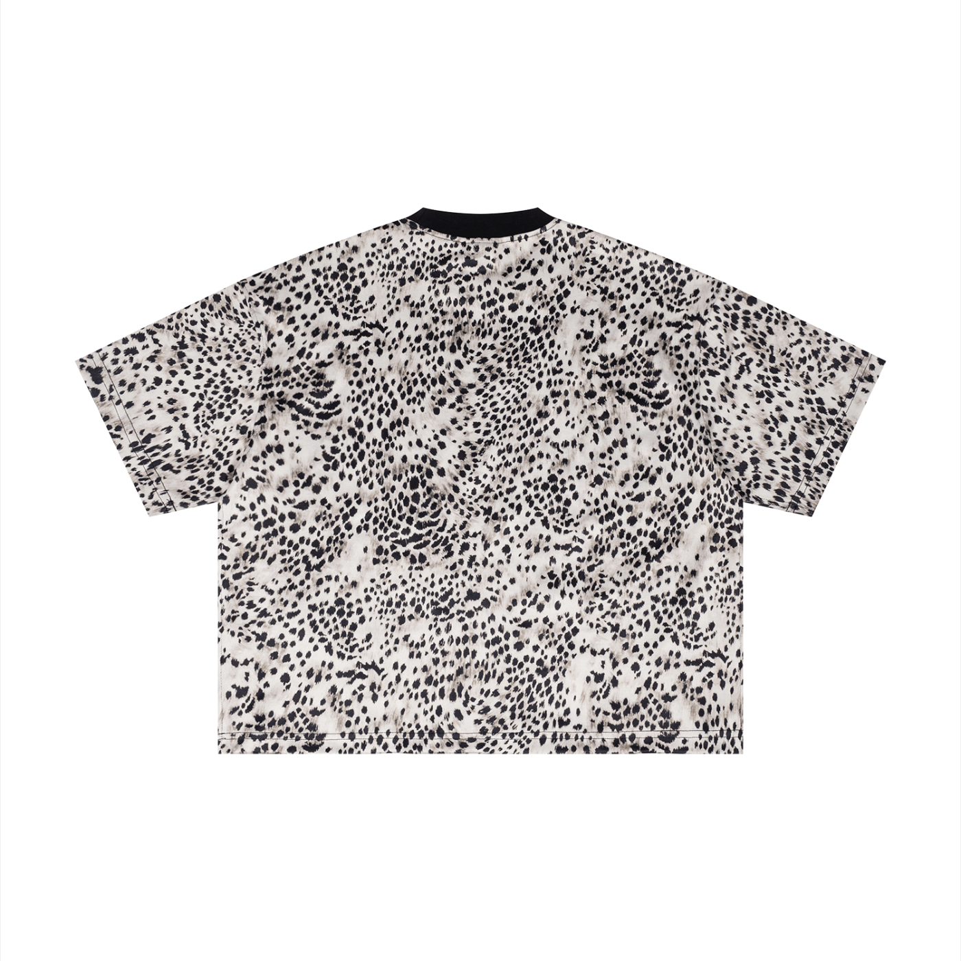 Merch in Town Leopard Print Boxy T-Shirt with Contrasting Collar in Leopard Black on a white background, back view.